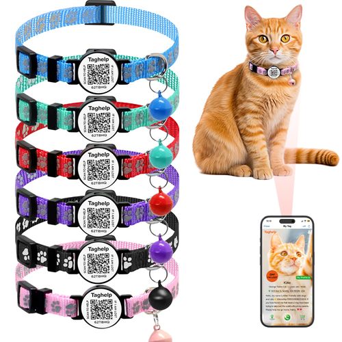 6 Pack Cute cat Paws Cat Collar with Name Tag, Personalized Reflective Cat Collar Breakaway, Pet Collar with Smart ID tag On ID Tags for Boy and Girl Kitten,No APP (6 Pack)