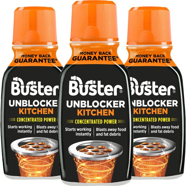 Buster Kitchen Sink Unblocker 150g x 3 - Kitchen Sinks, Plug and Drain Unblocker - Drain Cleaner That Blasts Fat & Food Debris - Fast-Acting Plughole Unclogger, Clears Blockages & Slow-Draining Water