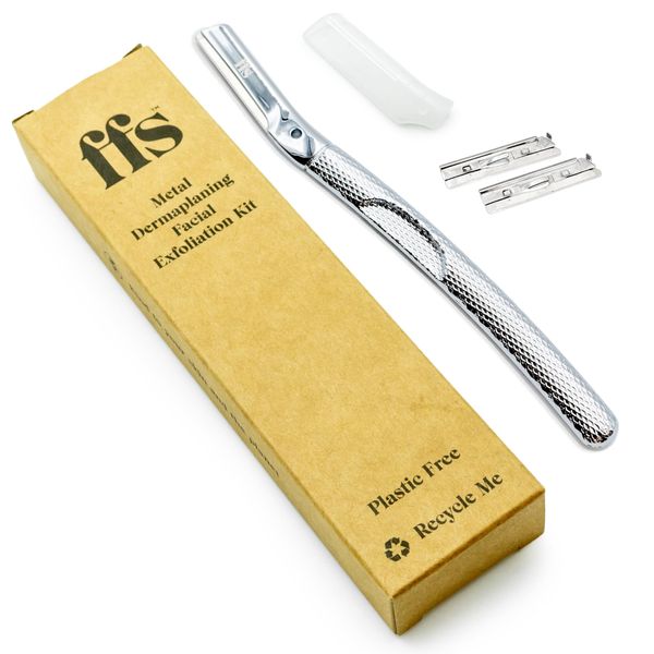 FFS Beauty Dermaplaning Facial Exfoliation Kit - Single Blade Dermaplaning Tool for Removing Peach Fuzz, Face Hair Remover for Women, Reusable Eyebrow Razor, Ladies Facial Hair Removal (Silver)