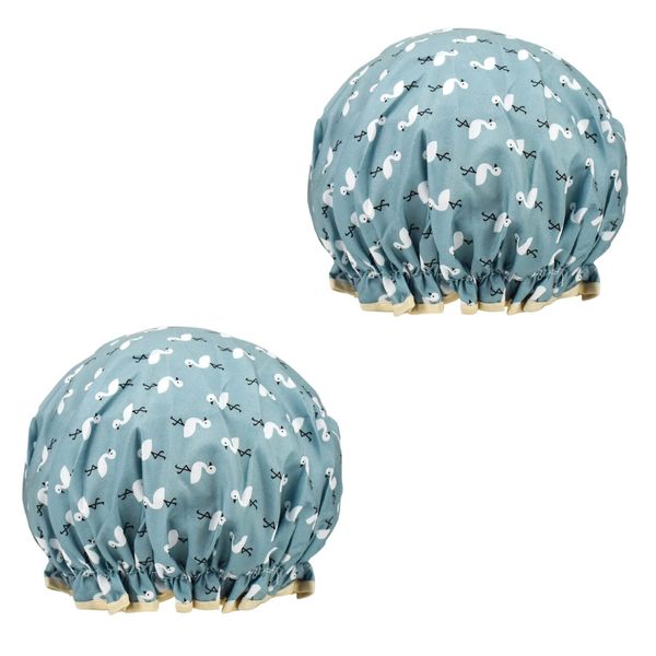 2 Pack Shower Cap for Women, Oil-proof Caps, Double Layers Waterproof Reusable Bath Caps With Ruffled Edge Covering for Girls, Women, Ladies, Kids (Blue Bird 2 Pcs)