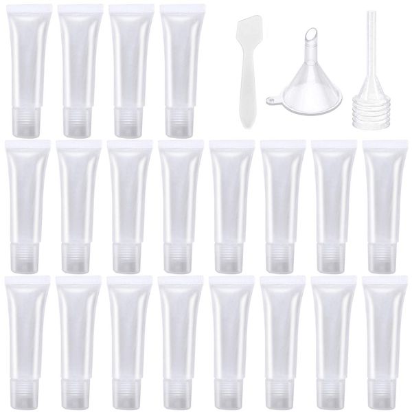 AYWFEY 20Pcs Empty Tube + Plastic Funnel + Pipette + Scraper, Refillable Mini Lip Gloss Squeeze Tube Transparent Container Tube, Empty Liquid Base Tube for Travel DIY Project Lip Balm Cosmetics, 8ml