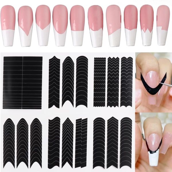 French Tip Nail Stickers 6 Sheets French Manicure Strips French Tips Guides Self-Adhesive Nail Sticker French Tip Nail Tool Wave Lines Nail Tape for Nail Art Airbrush Stencils Set…