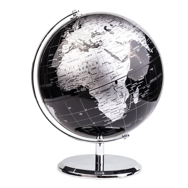 Exerz 20cm World Globe With a Metal Base – Educational/Geographic/Modern Desktop Decoration - Metallic Black (20cm diameter)