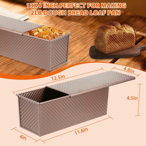 AVSQUINE Non-Stick Pullman Loaf Pan with Lid 13x4 Inch - 2.2lb Carbon Steel Bread Baking Pan with 4 Vent Holes, Heavy Duty Sourdough Loaf Pan with Cover for Homemade Sandwich Bread (Gold)
