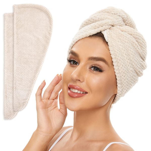 SimpleField 2 Pack Microfiber Hair Towel Wrap for All Hair Style, Anti Frizz Quick Drying Hair Turban - Perfect for Women, Men and Kids (Beige)