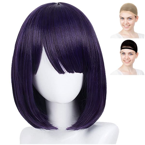 CaseEden Cosplay Wig, The Dress-Up Doll Is In Love, Shizuku Kuroe, Kitagawa Umu Short Bob, Dark Purple, White Merche Wig Net Set of 2