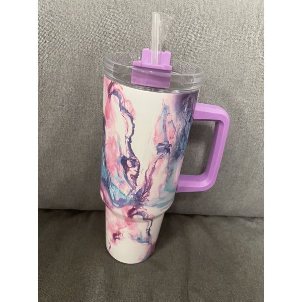 40oz Purple Marbled Tie Dye Tumbler Cup w/Handle & Straw -Insulated Travel Mug