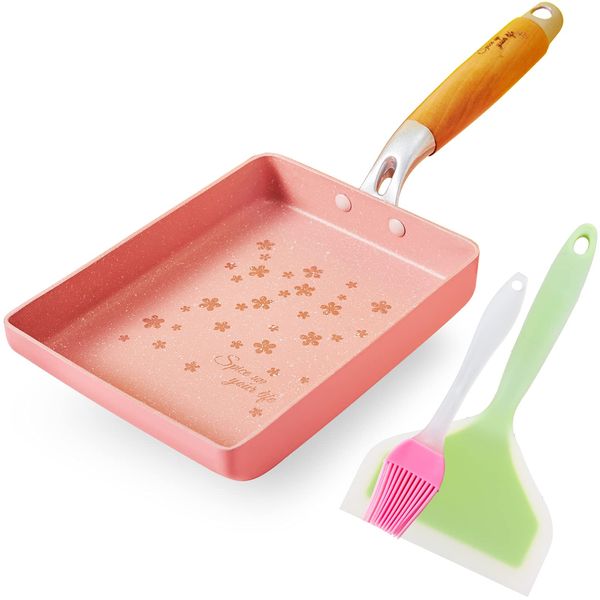 ROCKURWOK Tamagoyaki Japanese Omelette Pan, Nonstick Tamagoyaki Egg Pan, Rectangle Tamago Pan Small Frying Pan with Silicone Spatula Brush, 7” x 5”, Pink