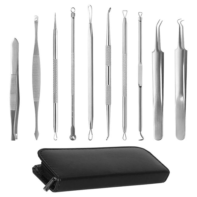 Divono 10Pcs Mitesserentferner Komedonenquetscher Set, Pickelentferner, Blackhead Remover mit Akne Pickel Pinzette Mitesser Entferner,Pickel Ausdrücken Werkzeug für Nasen-Gesichtspflege(Silber)