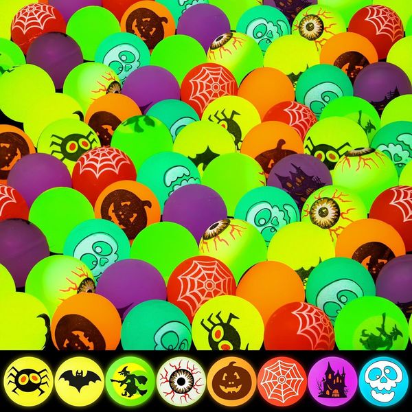 104 Pcs Glow in The Dark Halloween Bouncy Balls , 8 Halloween Designs Eyeballs Toys for Halloween Party Favor Supplies, Trick or Treating Goodie, Classroom Rewards Prizes Game for Kids- With Pouch Bag