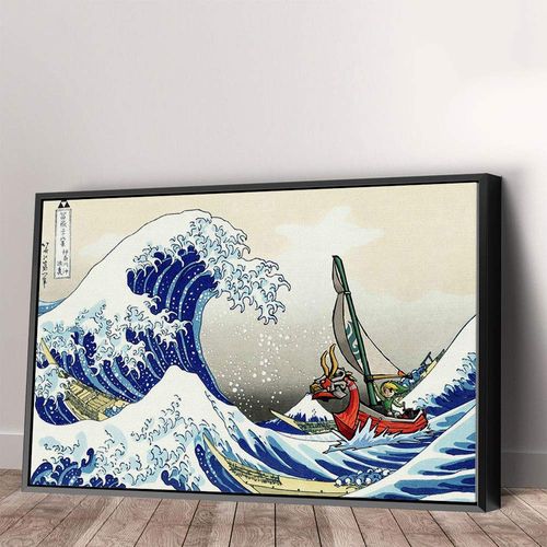 The Legend of Zelda Great Wave off Kanagawa Canvas Wall Art Framed Print Home Decor Hand Made - Various Sizes (12in x 8in Modern Black Framed)