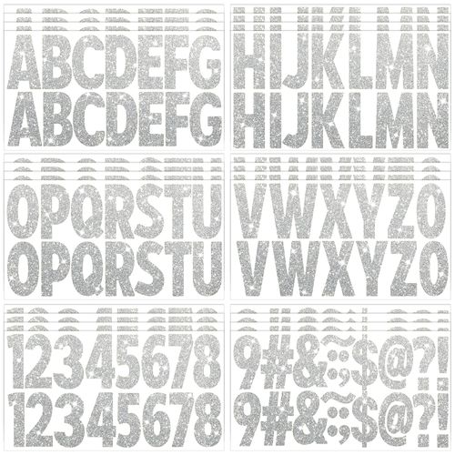 376 Pcs 24 Sheets Large Letter Stickers Glitter Big Font Alphabet Number Self Adhesive Vinyl Stick on Letters Sticker for Mailbox Crafts Poster Bulletin Boards Classroom Home Decor (Silver, 2.5 Inch)