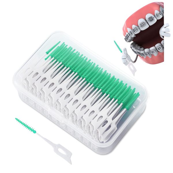 TSHAOUN 200pcs Interdental Brushes for Braces Oral Cleaning, Dual-Use Silicone Dental Picks,Tooth Floss Picks,Flosser Sticks,Toothpicks,Tooth Gap Brush with Storage Case,Protecting Teeth (Green)