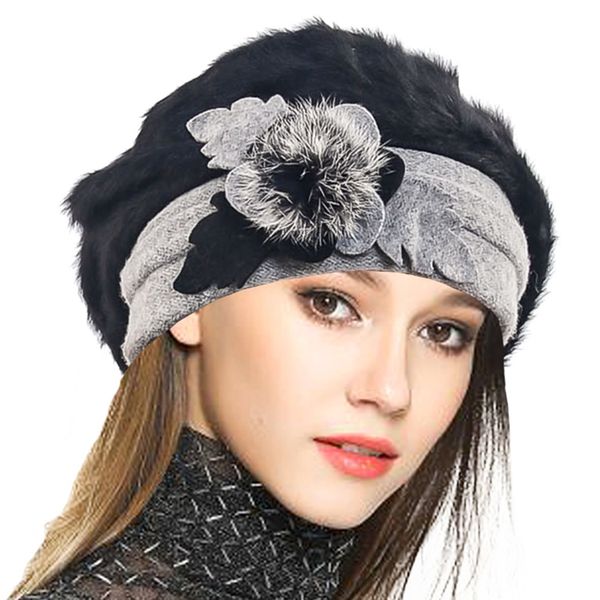 VECRY Women Wool Beret Angola Knit Beanie Skull Cap Dress Winter Hats (Black)(Size:M)