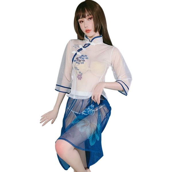 Lady Lazy Sexy China Ao Dai Cosplay, Blue, White, Blue, See-Through, Chinese Chinese, Ethnic Costume, Skirt, Temptation, Extreme Costume, Photography Costume