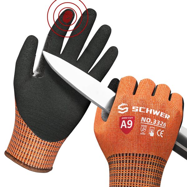 Schwer Highest Level Cut Resistant Work Gloves for Extreme Protection, ANSI A9 Working Gloves with Sandy Nitrile Coated, Touch-screen Compatible, Durable, Machine Washable, Hi- Vis Orange 1 Pair（L）