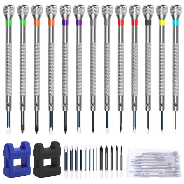 Anruyi 13Pcs Watch Screwdriver Set, Watchmakers Screwdrivers Precision Screwdriver Set for Watch Eyeglasses Clocks Jewelry Repair, with 13Pcs Screwdriver Replacement Heads + 2Pcs Magnetizer