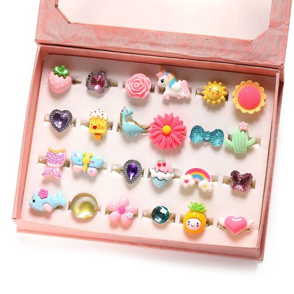 PinkSheep 24 Lovely Jewelry Rings for Little Girls, Adjustable and No Duplication, Girls Pretend Play and Dress Up Rings with Gift Box