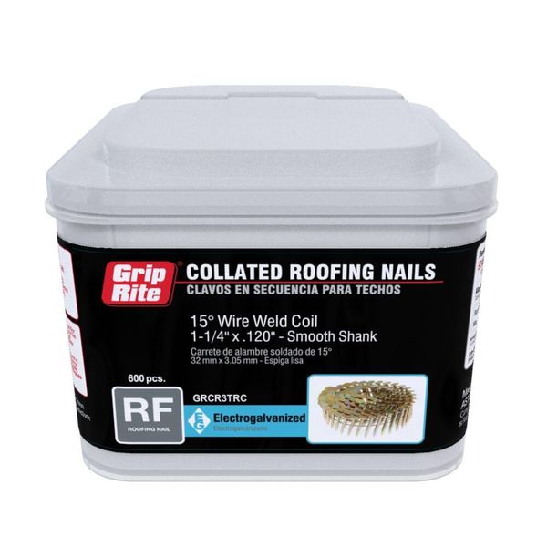 Grip-Rite 1-1/4-Inch 15? Electro-GALVANIZED Coil Roofing Nails, Smooth Shank, 600 nails per tub