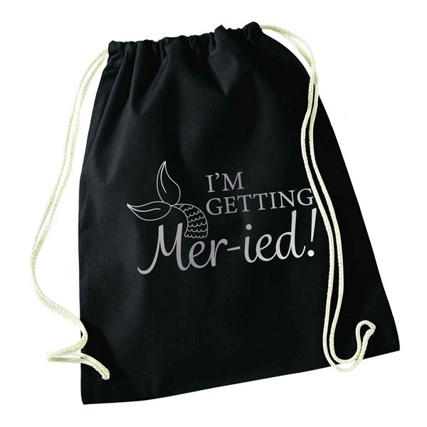 Flox Creative Black Drawstring Bag I'm Getting Mer-ied! Metallic Silver Mermaid Pun