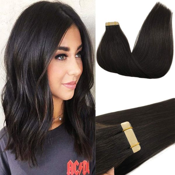 GOO GOO Tape in Extensions Echthaar, Natürliches Schwarz 20pcs 50g 50cm, Real Remy Echthaarverlängerungen Invisible Tape Extensions Echt Echthaar