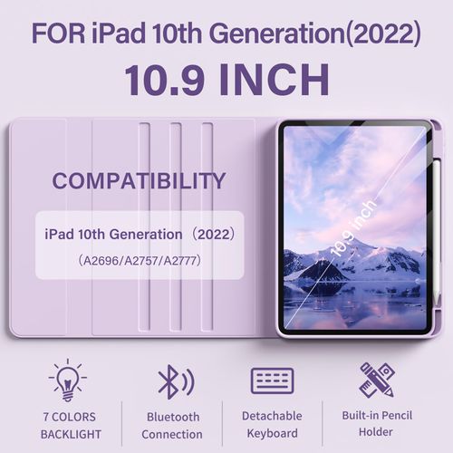aoub Keyboard Case for iPad (A16) 11th 10th Generation 11 inch 2025/2022, 7 Colors Backlit Wireless Detachable Keyboard, Stand Folio Cover with Pencil Holder for iPad 10th Gen 10.9 inch, Purple