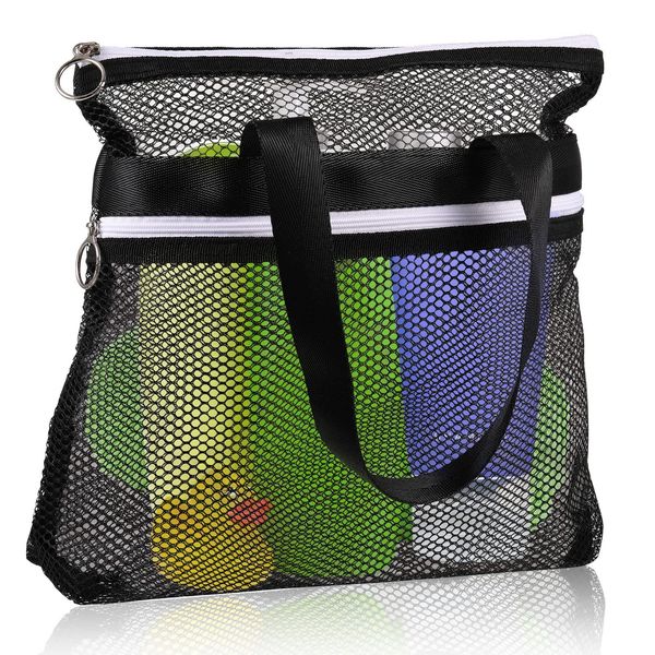 Black Mesh Shower Bag, Portable Shower Tote Quick Dry Shower Caddy with Zipper and 2 Pockets Mesh Beach Bag Lightweight Organizer Mesh Shower Caddy,Toiletry for Travel Gym Beach Swimming Toiletry Bag