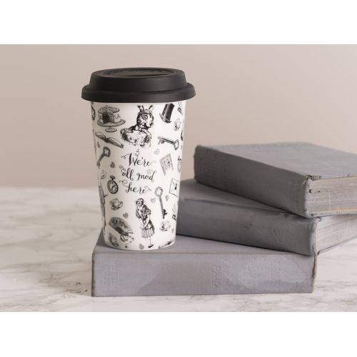 Victoria & Albert Ceramic Travel Mug, Alice in Wonderland' Design, Fine Bone China, 19.5 x 15.5cm, Black & White