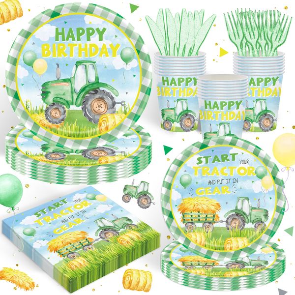 120PCS Tractor Birthday Party Supplies for Kids Lawn Mower Birthday Party Decorations Green Farm Tractor Paper Plates Napkins Cups and Forks Knives Tableware Set Serves 20 Guests Dinnerware