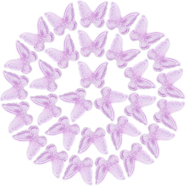 PAGOW 30pcs Butterfly Lace Trim, Double Layers Organza Fabric Embroidery Sewing Craft Decor Applique Patches for Wedding Bride Hair Accessories Dress Decoration (Purple)