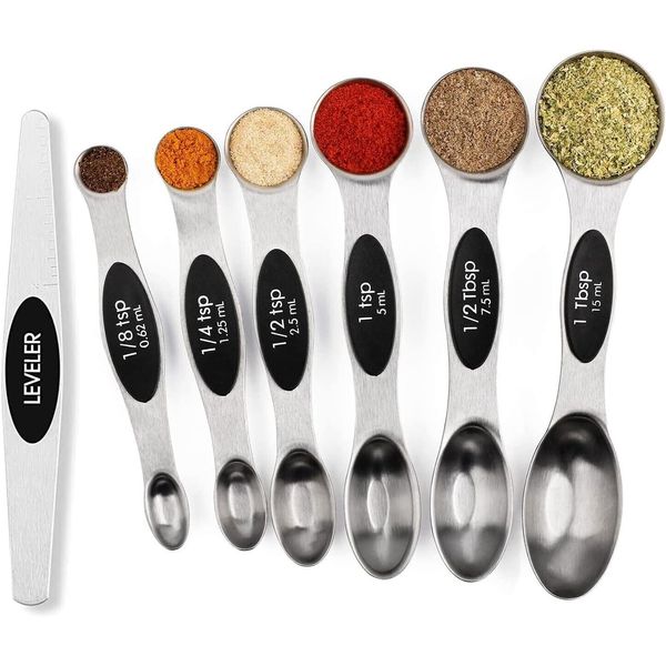 Magnetic Measuring Spoons Set Stainless Steel with Leveler, Stackable Metal 7Pcs