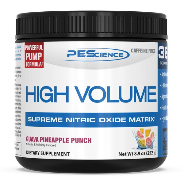 PEScience High Volume Nitric Oxide Booster Pump Pre Workout Powder, Guava Pineapple Punch, 36 Scoops, Caffeine Free