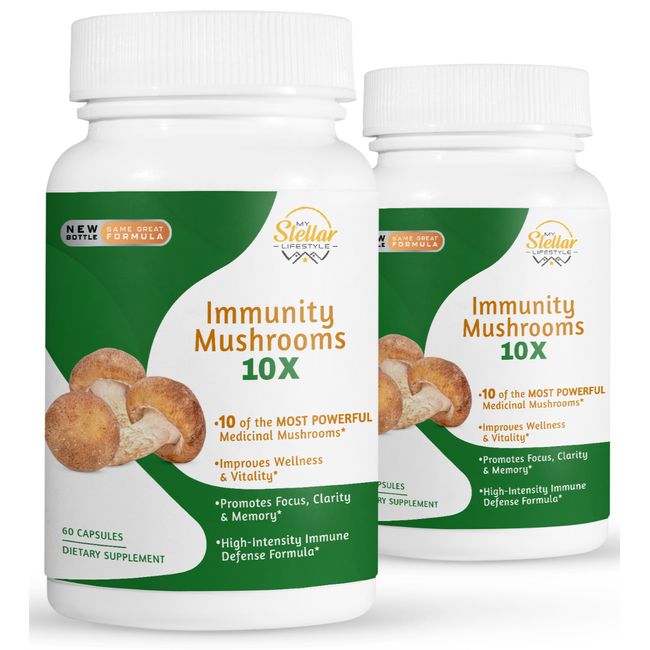 2 Pack Immunity Mushrooms 10X, promueve el enfoque y la memoria-60 Cápsulas x2