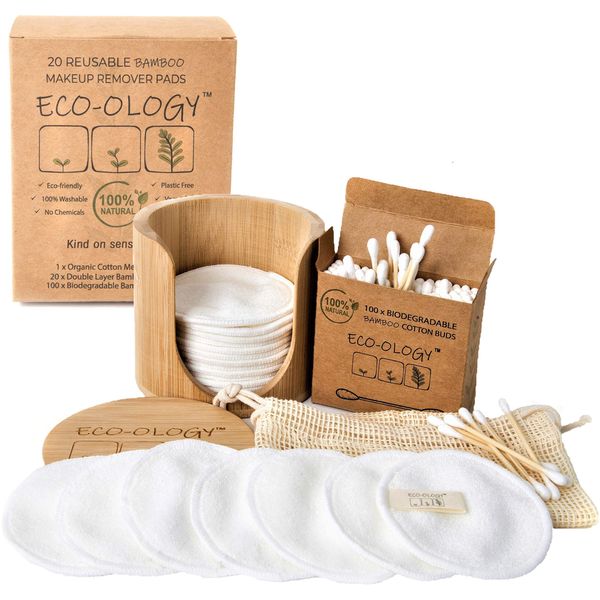 ECO-OLOGY™ 20 Reusable Makeup Remover Pads with Bamboo Storage Pot, 100x Biodegradable Ear Buds and Cotton Laundry Bag. Reusable Cotton Pads, for Cleansing or Removing Makeup