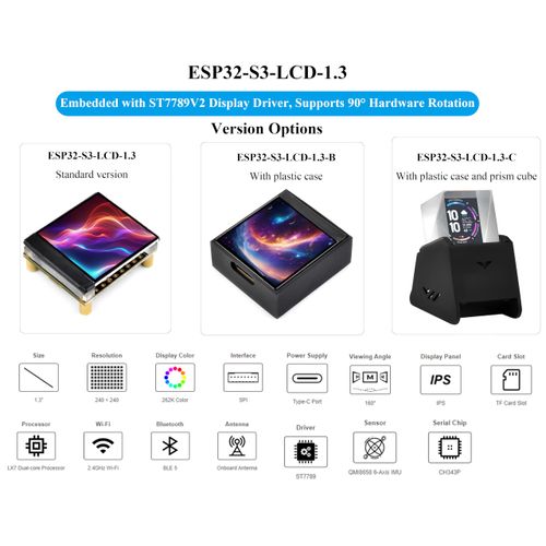 ESP32-S3 1.3inch Display Development Board, ESP32 with Display 240x240 Pixels, Built-in ST7789V2 Chip and 6-Axis IMU, 262K Color, SPI Communication, Supports 90° Hardware Rotation