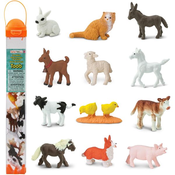 Safari Ltd. Farm Babies TOOB - Figurines: Donkey, Pony, Goat, Lamb, Horse, Cat, Corgi, Pig, Chicken, Holstein, Bunny - Educational Toy Figures For Boys, Girls & Kids Ages 3+