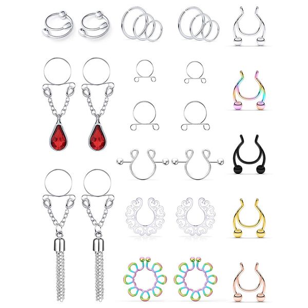 SCERRING Fake Nipple Ring Stainless Steel Non-Piercing Nipple Rings Clip On Nipplerings Faux Body Piercing Jewelry for Women Men 27PCS Mix Color 1#