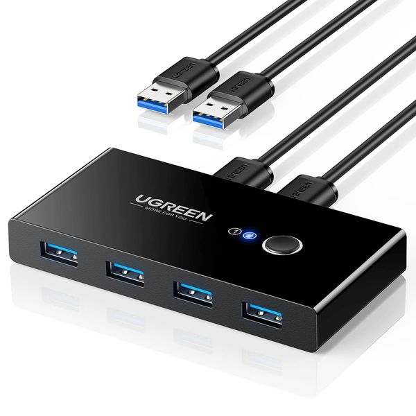 UGREEN USB 3.0 Sharing Switch Box, High Speed Transmission, Switch between 2 PCs and Printer, Mouse, Keyboard and Hub, Manual Switching, Comes With 2 x 4.9 ft (1.5 m) USB Cables, For 2 PCs and 4 USB Peripheral Devices