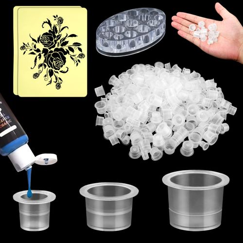 300 Pezzi Tappini Tattoo, Tattoo Ink Cups with Cups Holders and 2 Pelle Sintetica Tattoo, Piccole, Medie e Grandi 100 Pezzi, Tappi Di Inchiostro Del Tatuaggio Accessorio per Tatuaggi