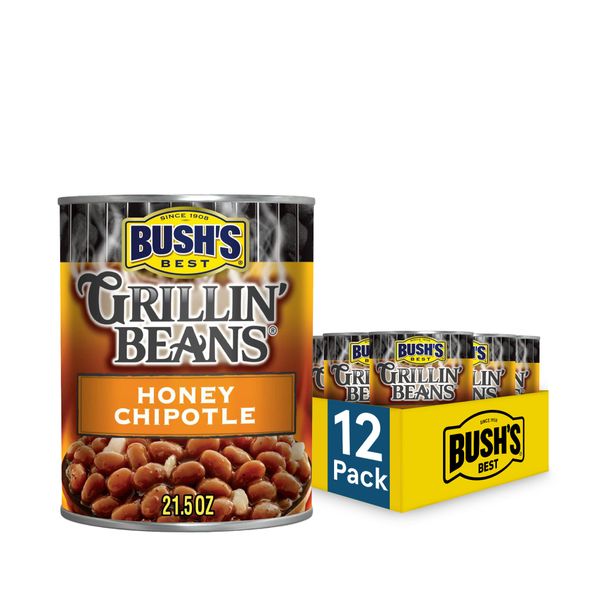 Bush's Best Honey Chipotle Grillin' Beans, Canned Beans, Beans Canned, Source of Plant Based Protein and Fiber, Low Fat, Gluten Free, 21.5oz (Pack - 12)