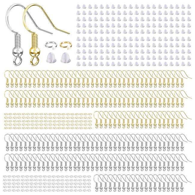 Hypoallergenic Earring Hooks, 600 Pcs Earring Making Supplies Kit with Earring Hooks, Jump Rings and Earring Backs for Jewelry Making (Silver and Gold)