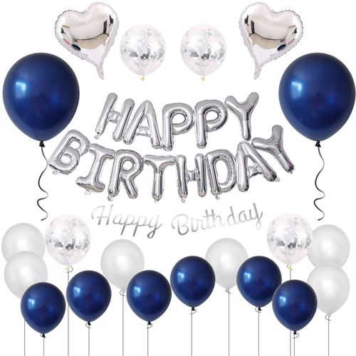 GRESATEK Happy Birthday Balloon Decoration Set, Happy Birthday Happy Birthday Hearts, Confetti Balloons, Double Sided Tape, Ribbon Included, Night Blue