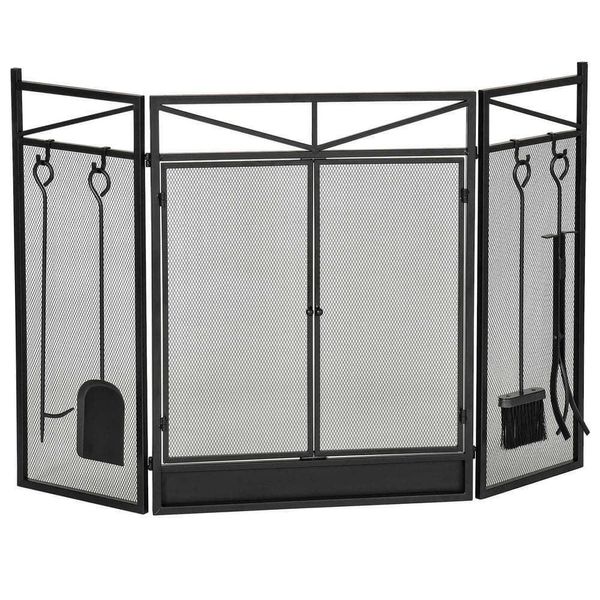 Unbranded Fireplace Screen 3-Panel Smooth Steel Folding Black, 2 Magnetic Doors