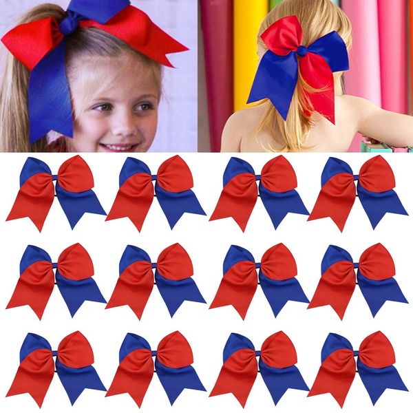 8" Large Cheer Bows Ponytail Holder 12PCS Girls Elastic Hair Ties Red Navy Accessories for women youth toddler football Competition Sports