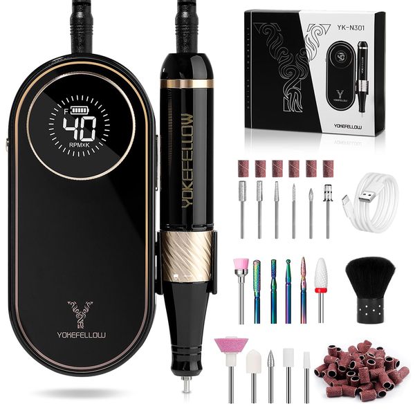 Yokefellow Electric Nail Drill Machine - Professional Nail Drill Machine for Acrylic Nail Kit with Nail Dust Brush for Dip Powder Manicure Pedicure 40000RPM Rechargeable Nail Drill