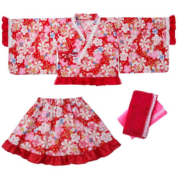 ReliBeauty Yukata Dress, Children, Girls, Separate, Lurex, Lace, Ruffle, 100% Cotton, Fireworks Display, Summer Festival, Stylish, Cute, Waist Belt Set, Floral Pattern, Red, 150