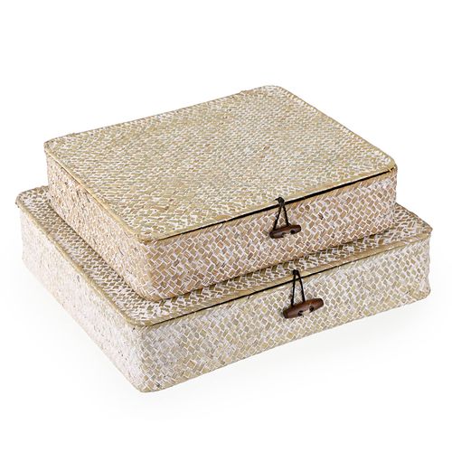 Hipiwe Set of 2 Flat Woven Wicker Storage Bins with Lid Natural Seagrass Basket Boxes Multipurpose Home Organizer Bins Boxes for Shelf Organizer (Whitewash)