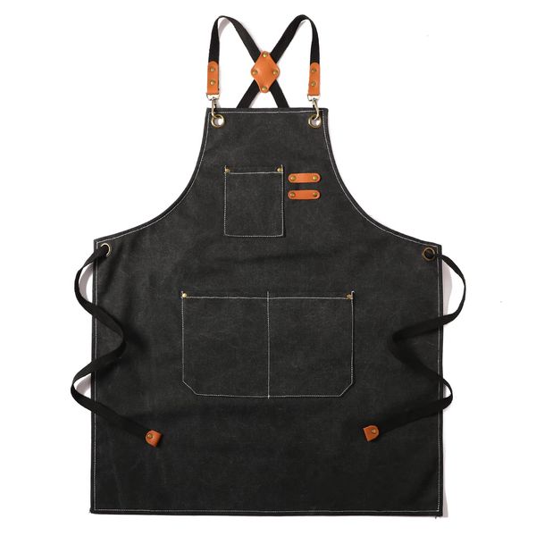 Tosewever Canvas Cross Back Chef Apron for Men Women with Adjustable Straps Large Pockets, Waterdrop Kitchen Heavy Duty Cotton Aprons for Tool Cooking BBQ Artist, M to XXL (Black)