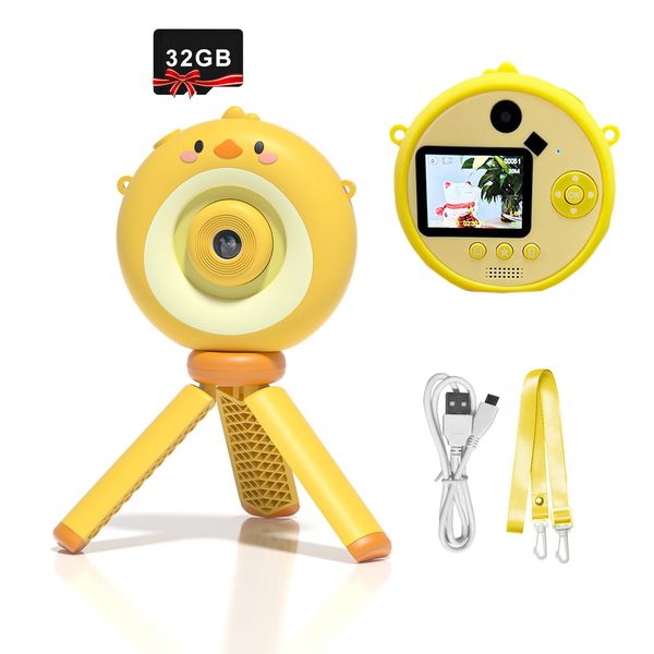 Kids Camera with Tripod, Kid Camera Toys with Flip-up Lens for Selfie & Video, MP3 Player, Christmas Birthday Gifts for Boys Girls, 32G SD Card Included (Yellow Chicken)