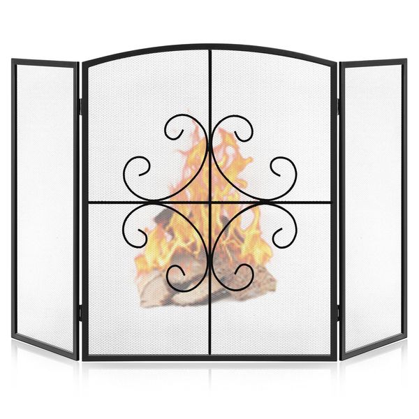 3 Panel Fireplace Screen 48" W X 29" H Wrought Iron Decorative Fire Spark Guard